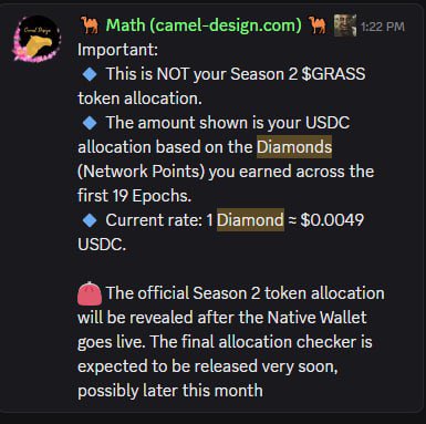 A Discord message from 'Math (camel-design.com)' clarifies token allocations, stating the displayed USDC amount is based on Diamonds earned across 19 Epochs at 1 Diamond = $0.0049 USDC.