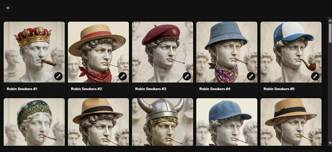 A grid of 10 images showing classical marble busts humorously edited with various accessories, primarily hats, titled 'Robin Smokers #1' through 'Robin Smokers #10'.