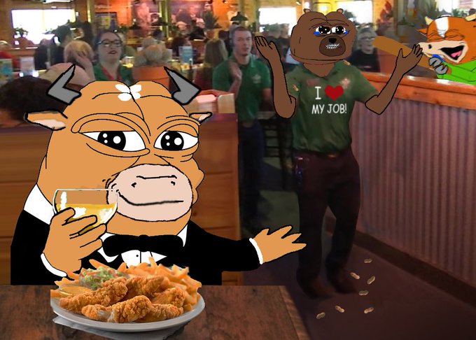 A cartoon bull in a tuxedo toasts with a drink beside a plate of chicken wings, while a bear wearing an "I ❤️ MY JOB" shirt and an orange fox wave goodbye as tips scatter on the floor—symbolizing a confident bullish market sending bears and doubters packing as Bitcoin surges toward $75k.