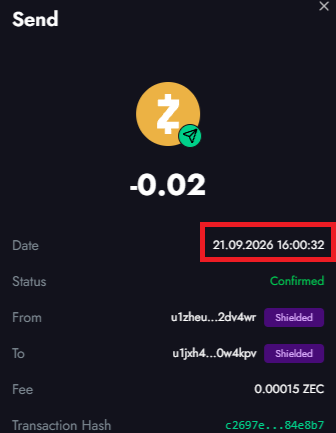A screenshot of a cryptocurrency transaction showing a sent transaction of -0.02 ZEC with a fee of 0.00015 ZEC, dated 21.09.2026 16:00:32, between two shielded addresses. The image relates to the post by illustrating a transaction that the user claims to have sent while still waiting to receive their NFT.