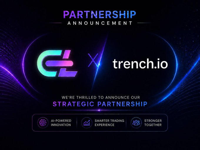 A partnership announcement graphic featuring the ChainLens and trench.io logos side by side, with the text "PARTNERSHIP ANNOUNCEMENT" and "WE'RE THRILLED TO ANNOUNCE OUR STRATEGIC PARTNERSHIP," alongside three highlighted benefits: AI-Powered Innovation, Smarter Trading Experience, and Stronger Together.