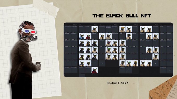 A promotional graphic titled "THE BLACK BULL NFT" features a collage-style image of a figure wearing 3D glasses alongside a grid preview of the collection's artwork, captioned "Blackbull X AminX." The post highlights the community-driven NFT project built in 24 hours for the $ANSEM army on Solana, with a supply of 3,333 and led by @SOLsesame, with art by @dif_exe and @Valenci_SOL.
