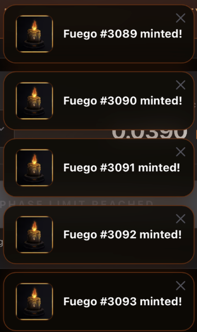 The image displays a series of minting confirmation notifications for "Fuego" NFTs numbered 3089 through 3093, each featuring a candle icon, corresponding to the post celebrating the purchase of multiple Fuego whitelist spots at over 0.039 ETH each during the GTD phase.