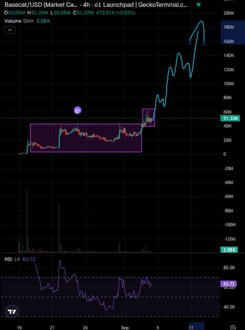 The image shows a 4-hour candlestick chart for Basecat/USD (BASECAT) on GeckoTerminal, currently priced at $50.85 with a market cap of $51.32M and a +0.93% gain, accompanied by an RSI of 63.72 — visually supporting the post's bullish claim of the token breaking out from a prolonged accumulation range (highlighted by the purple box) and rallying sharply toward the $160M–180M zone, fueling the user's hype-driven call for a Binance listing and projections of billion-dollar valuations.