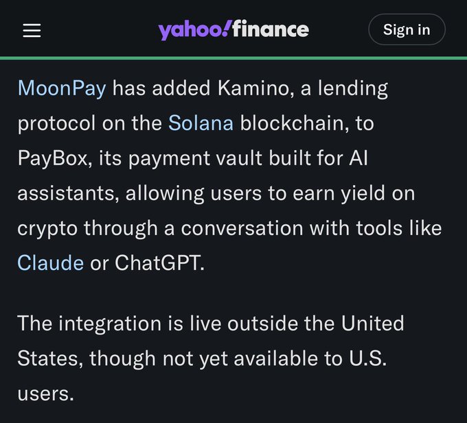 A Yahoo Finance article announcing that MoonPay has integrated Kamino, a Solana lending protocol, into PayBox—its AI-assistant payment vault—enabling users to earn yield on crypto via conversational interfaces like Claude or ChatGPT, with the service live outside the U.S. This supports the post's theme of building financial infrastructure for the agentic economy by enabling AI assistants to access DeFi yield-generating tools.