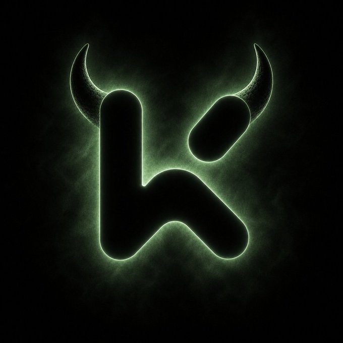 A stylized, glowing green logo resembling a horned letter 'K' set against a dark, smoky background.