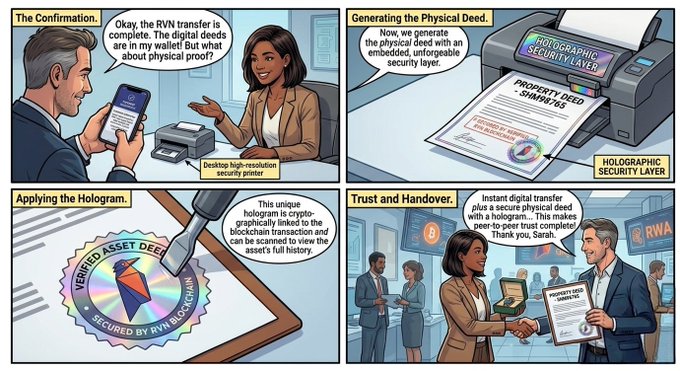 The image features a cartoon depiction of a man using an Instant Notary service for asset transfer. The cartoon shows the process of transferring assets, including the use of QRIS technology and a printed document with a Ravencoin Hologram Seal. The cartoon also includes text that highlights the importance of tangible proof in the real world, as well as the use of blockchain technology to ensure secure transactions.