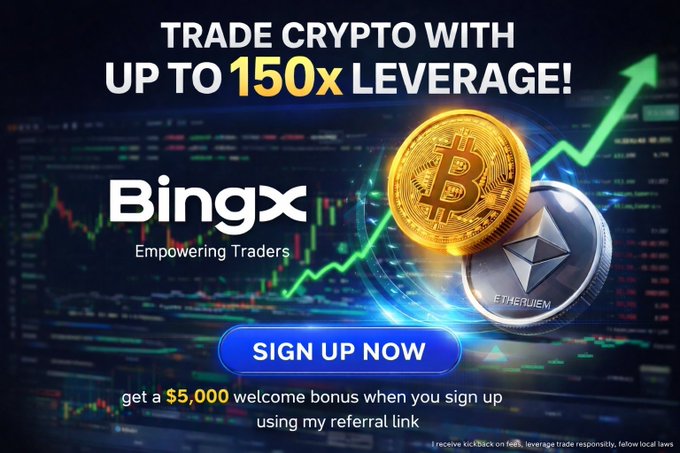 A promotional ad for BingX cryptocurrency exchange featuring Bitcoin and Ethereum coins against a chart background, highlighting "TRADE CRYPTO WITH UP TO 150x LEVERAGE!" and offering a $5,000 sign-up bonus via referral link, aligning with the post's pitch for discounted trading fees and USDT bonuses.
