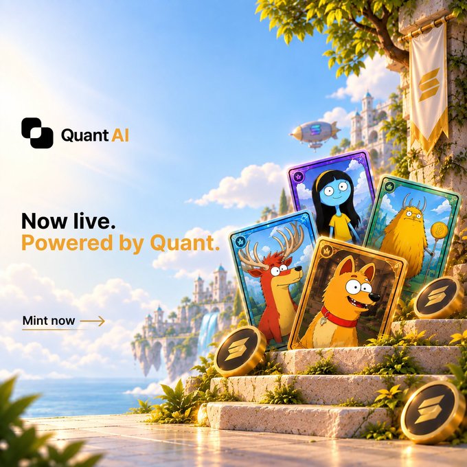 Promotional graphic for Quant AI NFT mint featuring colorful cartoon animal character cards (deer, dog, yeti, cat) on golden steps with 'Now live. Powered by Quant.' text and 'Mint now' button.