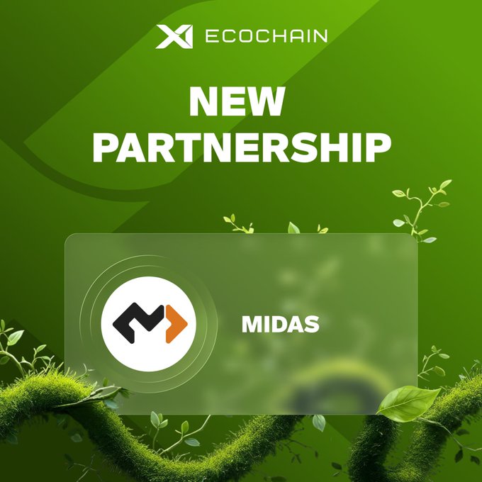 A promotional graphic with a green nature-themed background featuring foliage announces a "NEW PARTNERSHIP" between X1 EcoChain and MIDAS, displaying both company logos alongside a stylized "M" emblem in a circular frame.