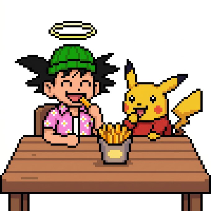 "GM" stands for "graphic design", which is a term used to describe the art of creating visual content, such as logos or illustrations. In this case, the graphic designer has created an illustration featuring two cartoon characters - a boy eating fries (or fritters) and a yellow Pokemon character (Pokemon). The image showcases the graphic designer's talent in creating engaging visuals that capture viewers' attention and convey a specific message or theme.
