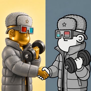 A digital artwork showing a golden bear-like figure in a winter coat and 3D glasses shaking hands with its gray line-art counterpart, both holding dumbbells.