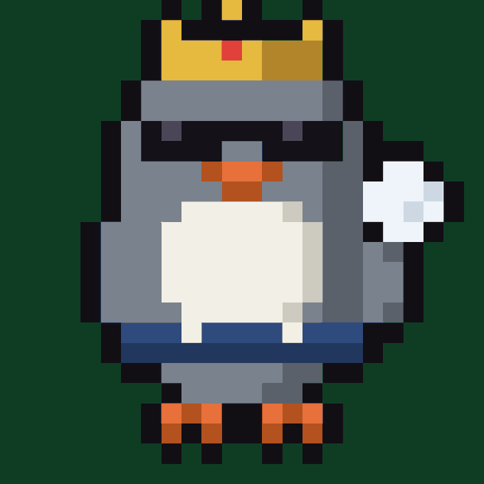 A pixel art penguin character wearing a gold crown and red bowtie against a dark green background. The image appears to be NFT artwork, likely related to the "rob" collection teased in the Twitter post for an upcoming OpenSea mint launch.