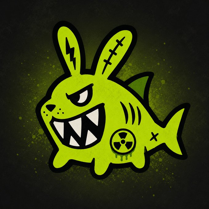 A neon green cartoon mashup of a shark and bunny, featuring stitched ears, a lightning bolt, sharp jagged teeth, a small dorsal fin, a fish tail, and a radioactive hazard symbol on its side dripping green slime, perfectly matching the post's "Radioactive Bunny-Shark" ($RBS) theme of a cute but toxic meme coin.