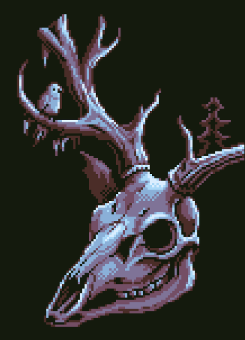A pixel art illustration of a deer skull with antlers, featuring a small ghost perched on the antlers and a tiny tree silhouette in the background. The artwork has a haunting, atmospheric quality fitting the spooky skull theme shared on the @basepaint_xyz platform.