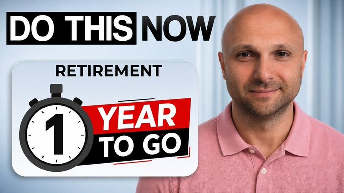 A bald man in a pink polo shirt appears beside a graphic reading "DO THIS NOW" above a "RETIREMENT 1 YEAR TO GO" stopwatch. The image does not relate to the post about XRP buy signals from crypto analysts—it appears to be a thumbnail for a retirement planning video.