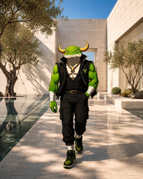 A muscular green frog character with yellow horns and an angry expression walks confidently through a sunlit modern courtyard, wearing a black vest, cargo pants, and gold chains—projecting the bold, bullish attitude of the post's "10000% surge" message for the $FROGBULL token.