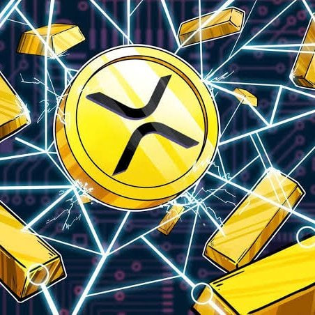 The image displays a stylized golden XRP coin at its center, surrounded by scattered gold bars and an illuminated network of electric blue lines against a dark circuit-board background. It visually represents the post's optimism about XRP's potential price milestones, symbolizing the wealth and generational impact the author anticipates if XRP reaches $100.