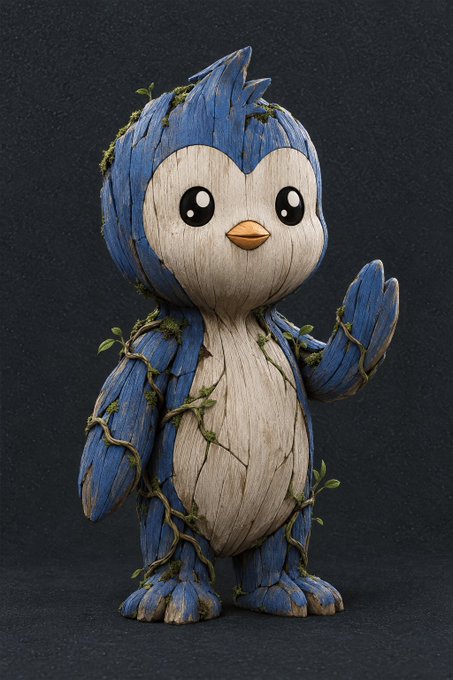 A 3D rendering of a character resembling Piplup from Pokémon, stylized to look like weathered wood with blue paint and green vines growing on it.