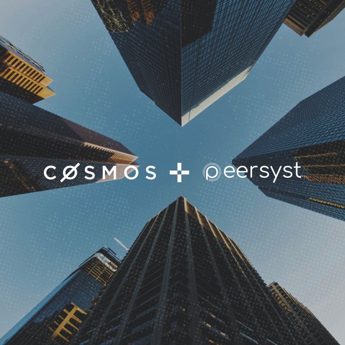The image showcases a partnership between Cosmos and Peersyst, visualized through their logos superimposed on a backdrop of imposing skyscrapers, symbolizing their ambition to provide Cosmos-based infrastructure to central banks and financial institutions.