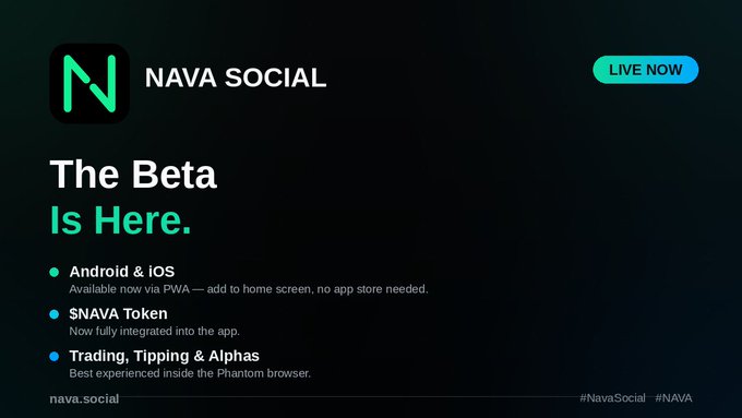 Promotional graphic for Nava Social announcing 'The Beta Is Here' with features including Android & iOS availability via PWA, $NAVA Token integration, and trading/tipping functionality, marked with a 'LIVE NOW' badge and hashtags #NavaSocial #NAVA.