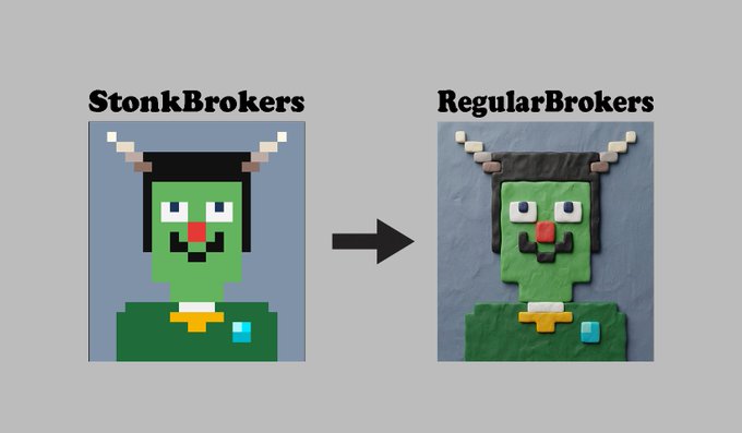 A meme showing a green-skinned pixel art character with horns labeled 'StonkBrokers' transitioning via arrow to a real-life clay sculpture version labeled 'RegularBrokers'.