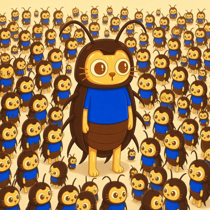 A large, cartoon-style cockroach dressed in a blue shirt stands prominently in the center of the image, surrounded by dozens of similar smaller cockroaches, all wearing matching blue shirts on a tan background. The scene humorously illustrates the post's panic about the "38th dip" on "cets" (likely the CETES, Mexican treasury bonds), using the overwhelming swarm of cockroaches as a visual metaphor for the frustrating and relentless nature of repeatedly buying the dip.