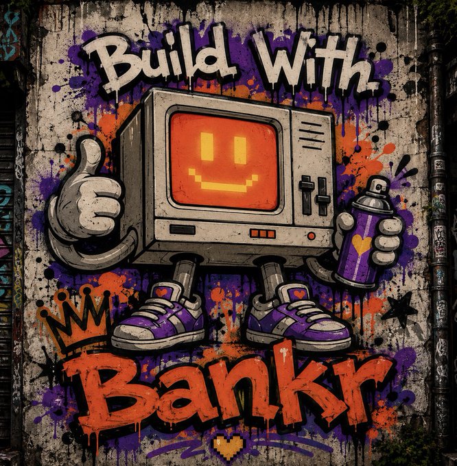 Graffiti street art featuring an anthropomorphic retro TV with a smiling orange screen, wearing purple sneakers and holding a spray paint can, with text 'Build With Bankr' and a crown.