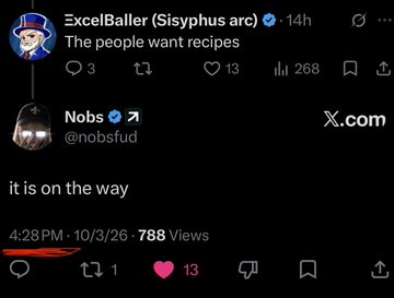 A social media post exchange shows ExcelBaller (Sisyphus arc) saying 'The people want recipes,' followed by Nobs (@nobsfud) replying 'it is on the way.'