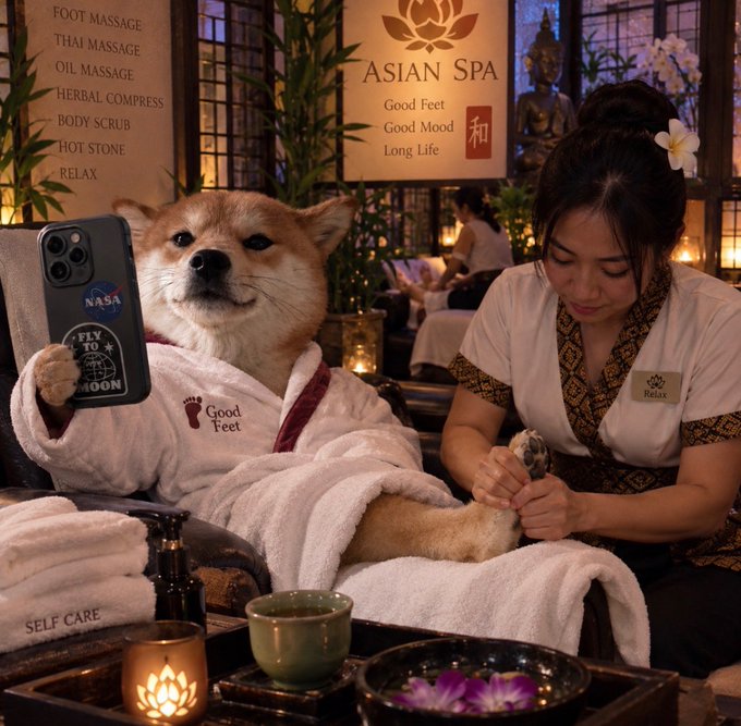 A Shiba Inu dog wearing a bathrobe and holding a phone case with 'NASA' and 'I FLY THE MOON' sits next to a smiling woman in an Asian spa setting, with text listing services like 'FOOT MASSAGE' and 'THAI MASSAGE'.
