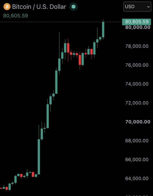 A candlestick chart showing the price of Bitcoin (BTC) against the U.S. Dollar, currently trading at 80,605.59 USD, with the recent trend showing a strong upward movement from around 64,000.