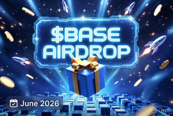 The image features a promotional poster for the release of the Base Airdrop token. The poster showcases an exciting scene with various elements related to the base, including a rocket ship flying through space, coins scattered around, and a blue box containing a gift. The text on the poster announces that the Base Airdrop is coming soon and emphasizes its importance as the long-awaited moment has arrived.
