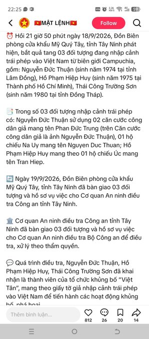 A Vietnamese news article from 'MẮT LÊNH' dated 18/9/2026 about a border guard station in Tây Ninh handing over three individuals who illegally entered Vietnam from Cambodia.