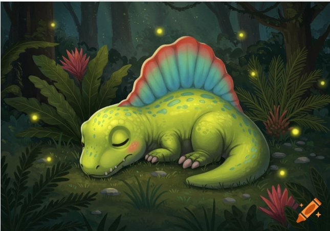 A cute green cartoon dinosaur (resembling a dimetrodon) sleeps peacefully in a forest surrounded by glowing fireflies, with rosy cheeks and a serene smile while nestled among tropical plants. The image complements the post by illustrating the concept of restful, monitored sleep, much like how the Sleepagotchi approach turns dozing off into meaningful, personalized insight.