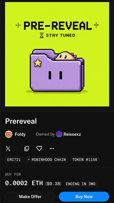 A screenshot of an NFT marketplace listing titled "Prereveal" for token #1156 ("Foldy") on the Robinhood Chain, currently priced at 0.0002 ETH (~$0.38) and owned by "Reissexz." The image relates to a Vietnamese post about a beginner NFT hunter finding a cheap listing, humorously titled "West Asian" and listing various Western Asian countries.
