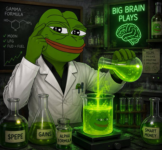 A Pepe-frog scientist in a lab labeled "BIG BRAIN PLAYS" pours a glowing green "GAMMA FORMULA" (with checklist: ✓MOON, ✓LFG, ✓FUD=FUEL) into a beaker, surrounded by bottles marked "$PEPE," "GAINS," "ALPHA FORMULA," and "SMART MONEY," with a recipe reading "1. PATIENCE 2. DISCIPLINE 3. GREEN CANDLES." The image visualizes the post's message by meme-ifying $PEPE as a "big brain" alpha prescription for an incoming ETF.