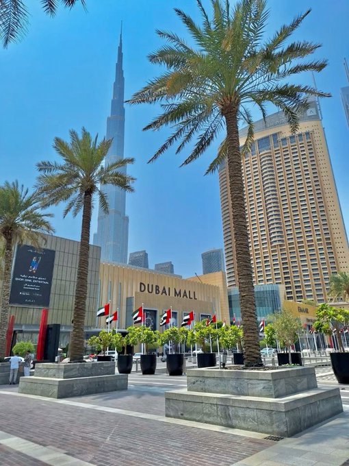 An outdoor plaza view at the Dubai Mall with the Burj Khalifa skyscraper towering in the background, framed by tall palm trees and UAE flags lining the walkway.
