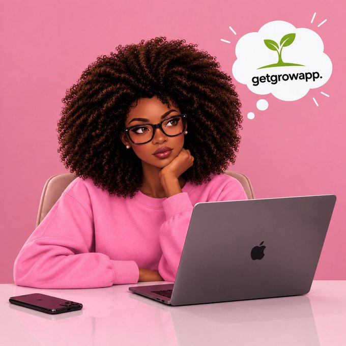 A stylized digital illustration of a Black woman with curly hair and glasses working at a laptop, with a thought bubble showing the "getgrowapp" logo featuring a green sprout, set against a pink background.