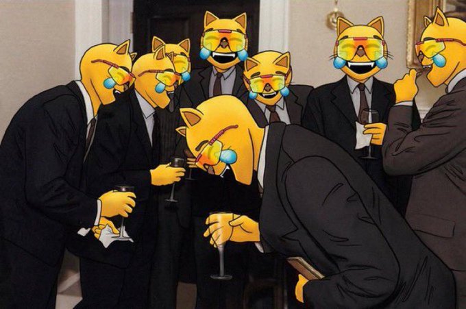 The image features a group of cartoon cats wearing suits, glasses, and ties, standing around each other with wine glasses in their hands. The cats are dressed up for a party or gathering, suggesting that they might be attending an event where they can socialize and enjoy drinks together. One cat is holding two glasses filled with wine, indicating that the party has been going on for some time. The post seems to be promoting a product or service related to the cartoon characters in the image, possibly a line of suits or accessories designed specifically for mog holders.