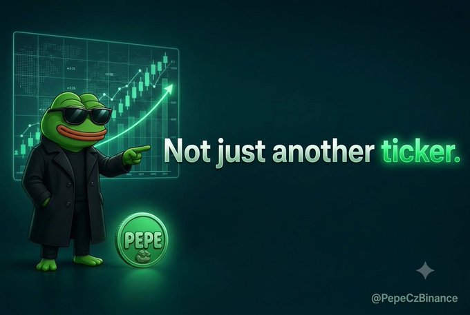 Pepe the Frog meme wearing sunglasses and a black coat, pointing at a green candlestick chart with the text 'Not just another ticker.' and a PEPE coin, tagged @PepeCZbinance.