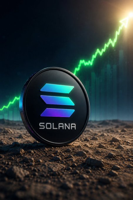 A 3D render of a Solana coin resting on dirt with a green line chart trending into the light in the background.