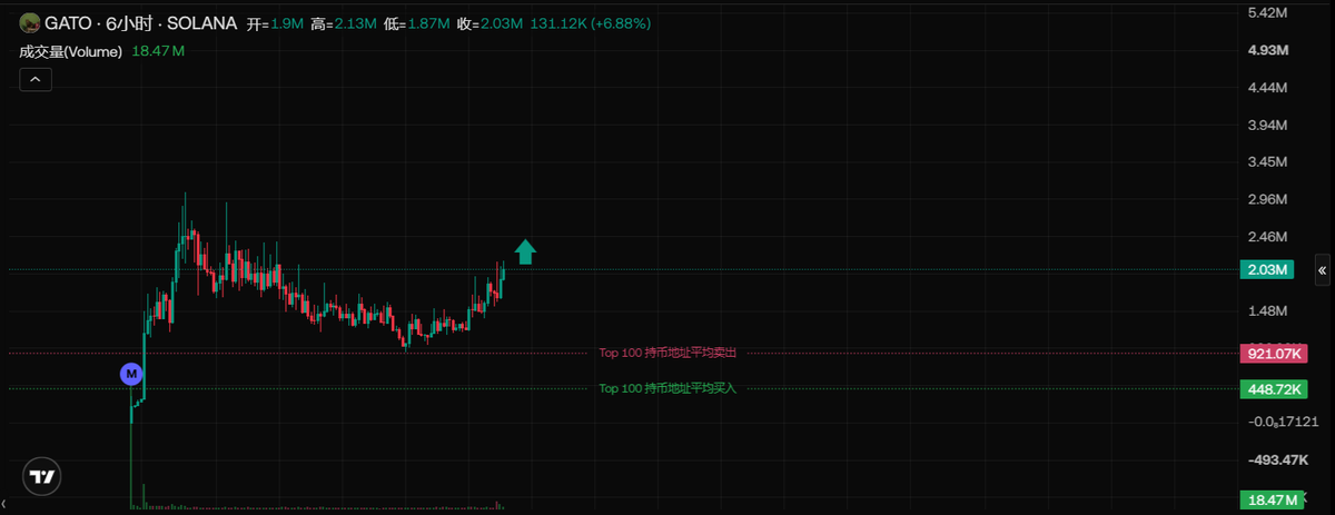 A TradingView chart of GATO on SOLANA showing a 6-hour timeframe with the price up +6.88% at 2.03M, including volume and top 100 market address average buy/sell data.