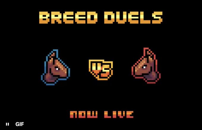 A pixel-art style GIF banner reading 'BREED DUELS NOW LIVE' featuring two dog-like creature heads facing off with a 'VS' emblem between them.