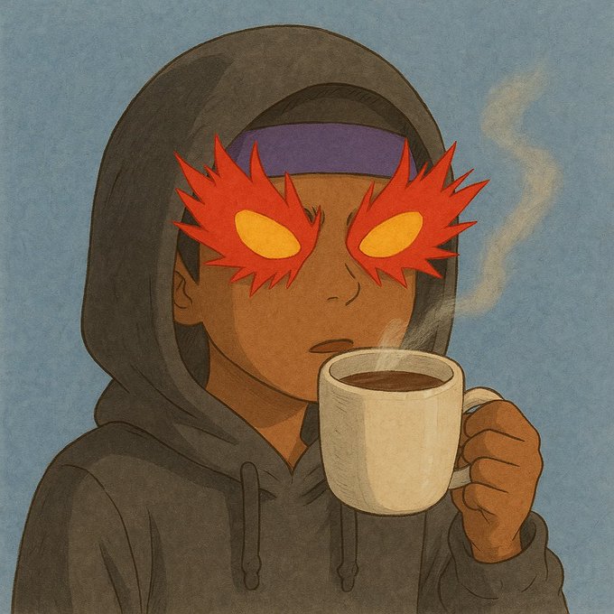 An illustration of a person in a black hoodie with flame-like red and yellow designs around their eyes, drinking from a steaming mug of coffee or tea.