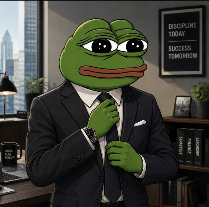 An AI-generated image of Pepe the Frog dressed in a business suit, sitting in an office with motivational posters reading 'DISCIPLINE TODAY, SUCCESS TOMORROW' and books labeled 'STRATEGY', 'FINANCE', and 'LEADERSHIP'.