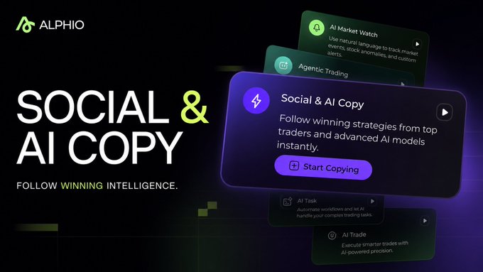 An Alphio promotional graphic titled 'SOCIAL & AI COPY' with the tagline 'FOLLOW WINNING INTELLIGENCE,' highlighting features like Social & AI Copy, AI Market Watch, Agentic Trading, AI Task, and AI Trade.