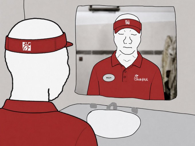 Wojak stares at his reflection in a Chick-fil-A restroom mirror, wearing the chain's signature red uniform, visor, and name tag. The "Chick-fil-A" logo and "Wojak" name tag are visible, illustrating the meme's joke about his new Head Fry Chef job.