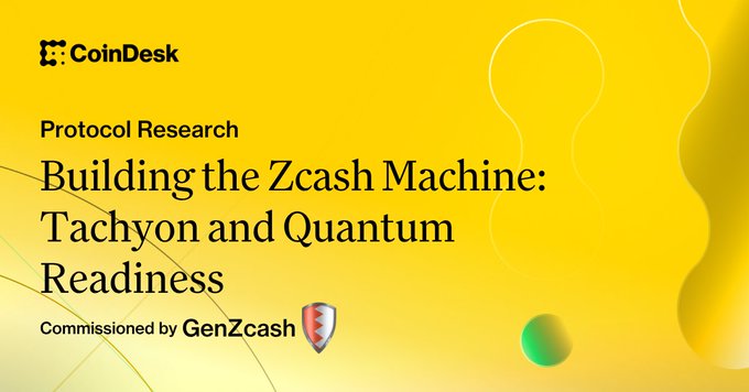 A CoinDesk Protocol Research banner titled "Building the Zcash Machine: Tachyon and Quantum Readiness," commissioned by GenZcash, with yellow gradient background and abstract design elements—visually introducing the report on Zcash's Project Tachyon and its redesign of the shielded state model for scalability and quantum security.