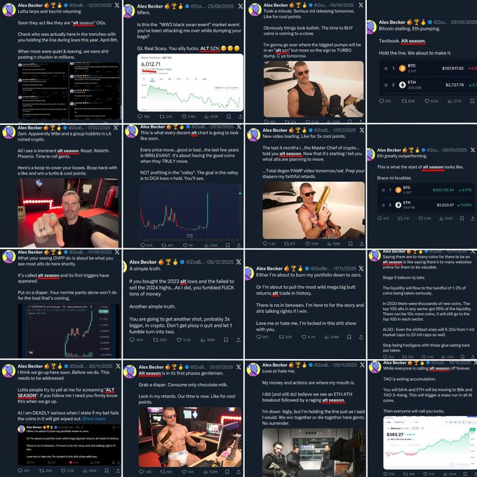 The image shows a collage of tweets from crypto influencer Alex Becker (@ZssBecker), spanning from 2024 to 2025, where he repeatedly calls for an "alt season" while displaying BTC and ETH price charts, market predictions, and personal photos. The accompanying caption humorously notes that despite his consistent altseason calls across dozens of posts, Becker has yet to be proven right.