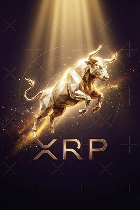 A geometric golden bull charges forward in a low-poly style above the "XRP" ticker, illuminated by a radiant beam of light with sparkling particles against a dark purple background. The image visually reinforces the bullish, upward momentum implied by the post's commentary on major financial institutions adopting blockchain and XRP-related infrastructure.